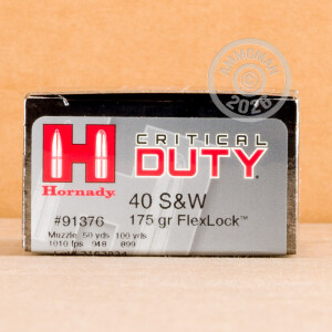 Photo detailing the 40 S&W HORNADY CRITICAL DUTY 175 GRAIN FLEXLOCK JHP (20 ROUNDS) for sale at AmmoMan.com.