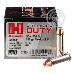 Photo detailing the 357 MAGNUM HORNADY CRITICAL DUTY 135 GRAIN JHP (250 ROUNDS) for sale at AmmoMan.com.