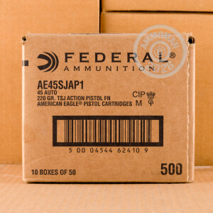 A photograph detailing the .45 Automatic ammo with Polymer Coated FMJ bullets made by Federal.