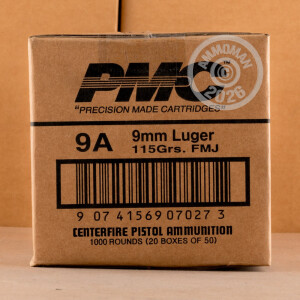 A photograph detailing the 9mm Luger ammo with FMJ bullets made by PMC.