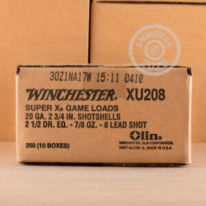 Photo detailing the 20 GAUGE WINCHESTER SUPER-X 2-3/4" 7/8 OZ. #8 SHOT (250 ROUNDS) for sale at AmmoMan.com.