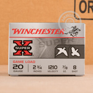 Photo detailing the 20 GAUGE WINCHESTER SUPER-X 2-3/4" 7/8 OZ. #8 SHOT (250 ROUNDS) for sale at AmmoMan.com.