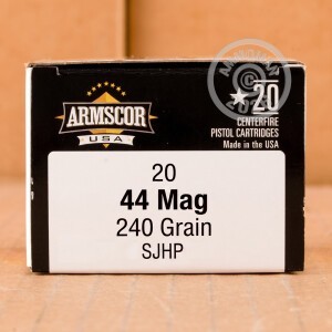 A photo of a box of Armscor ammo in 44 Remington Magnum.