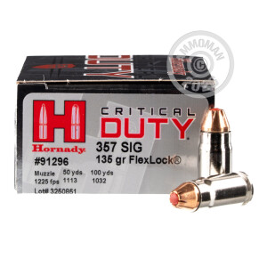 Photo detailing the .357 SIG HORNADY CRITICAL DUTY 135 GRAIN JHP (20 ROUNDS) for sale at AmmoMan.com.