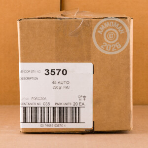 A photograph of 50 rounds of 230 grain .45 Automatic ammo with a FMJ bullet for sale.