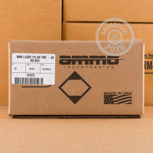 A photograph detailing the 9mm Luger ammo with TMJ bullets made by Ammo Incorporated.