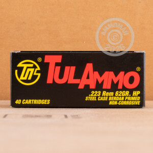 A photograph detailing the 223 Remington ammo with HP bullets made by Tula Cartridge Works.