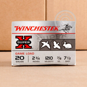 Photo detailing the 20 GAUGE WINCHESTER SUPER-X 2-3/4" 7/8 OZ. #7.5 SHOT (250 ROUNDS) for sale at AmmoMan.com.