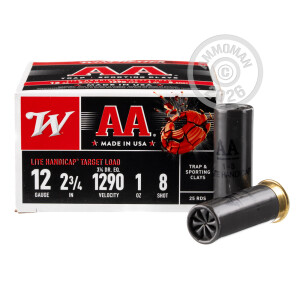 Photo detailing the 12 GAUGE WINCHESTER AA LITE HANDICAP 2-3/4" 1 OZ #8 SHOT (25 ROUNDS) for sale at AmmoMan.com.