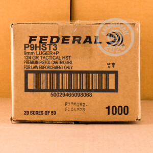 Photo detailing the 9MM LUGER +P FEDERAL PREMIUM LAW ENFORCEMENT 124 GRAIN JHP (50 Rounds) for sale at AmmoMan.com.