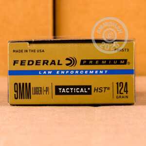 Photo detailing the 9MM LUGER +P FEDERAL PREMIUM LAW ENFORCEMENT 124 GRAIN JHP (50 Rounds) for sale at AmmoMan.com.