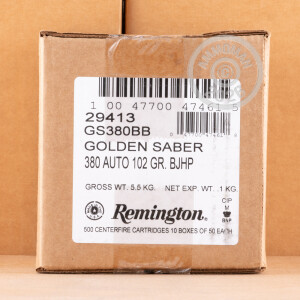 Image of the 380 ACP REMINGTON GOLDEN SABER 102 GRAIN BJHP (500 ROUNDS) available at AmmoMan.com.