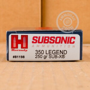 Photograph showing detail of 350 LEGEND HORNADY SUBSONIC 250 GRAIN SUB-X (20 ROUNDS)