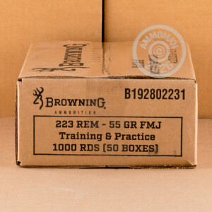 A photograph detailing the 223 Remington ammo with FMJ bullets made by Browning.