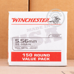 A photograph of 150 rounds of 55 grain 5.56x45mm ammo with a FMJ bullet for sale.