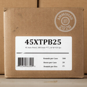 A photograph detailing the .45 Automatic ammo with XTP Mag bullets made by Fiocchi.