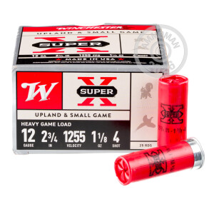 Photo detailing the 12 GAUGE WINCHESTER SUPER-X 2 3/4" 1-1/8 OZ. #4 SHOT (25 ROUNDS) for sale at AmmoMan.com.