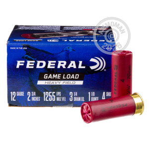 Image of the 12 GAUGE FEDERAL HEAVY FIELD LOAD 2 3/4" 1 1/8 OZ. #4 SHOT (25 ROUNDS) available at AmmoMan.com.
