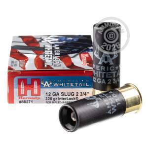 Photo detailing the 12 GAUGE HORNADY AMERICAN WHITETAIL 325 GRAIN SABOT SLUG (5 SHELLS) for sale at AmmoMan.com.