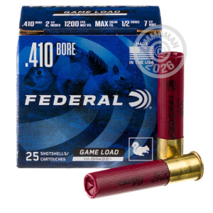 Image of the 410 BORE FEDERAL GAME LOAD UPLAND HI-BRASS 2-1/2" 1/2 OZ. #7.5 SHOT (250 ROUNDS) available at AmmoMan.com.
