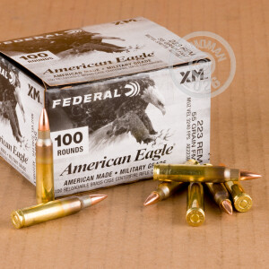 A photograph of 500 rounds of 55 grain 223 Remington ammo with a FMJ-BT bullet for sale.