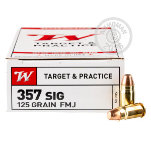 Photograph showing detail of 357 SIG WINCHESTER USA 125 GRAIN FULL METAL JACKET (50 ROUNDS)
