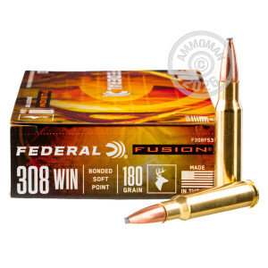 Photo detailing the .308 WIN. FEDERAL FUSION 180 GRAIN (20 ROUNDS) for sale at AmmoMan.com.