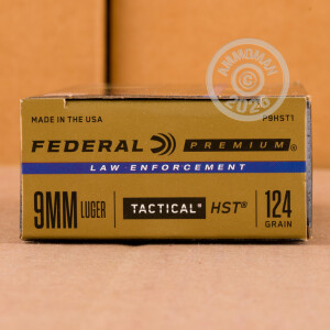 Photograph showing detail of 9MM LUGER FEDERAL PREMIUM LAW ENFORCEMENT 124 GRAIN HST JHP (50 ROUNDS)