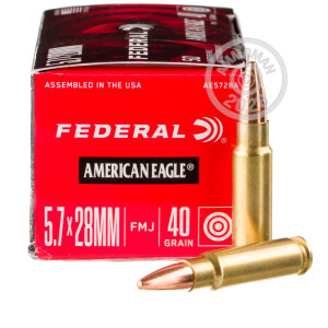 Photograph showing detail of 5.7x28MM FEDERAL AMERICAN EAGLE 40 GRAIN FMJ (50 ROUNDS)