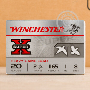 Photo detailing the 20 GAUGE WINCHESTER SUPER-X 2-3/4" 1 OZ. #8 SHOT (25 ROUNDS) for sale at AmmoMan.com.
