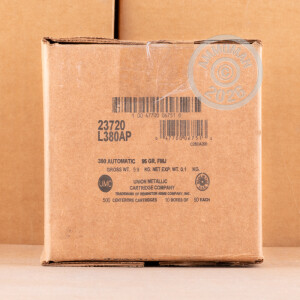 A photograph of 500 rounds of 95 grain .380 Auto ammo with a Full Metal Jacket (FMJ) bullet for sale.