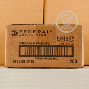 Image of the 20 GAUGE FEDERAL GAME LOAD UPLAND HI-BRASS 2-3/4" 1 OZ. #4 SHOT (250 ROUNDS) available at AmmoMan.com.