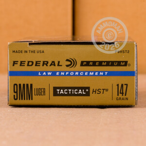 Photograph showing detail of 9MM LUGER FEDERAL PREMIUM LAW ENFORCEMENT 147 GRAIN HST JHP (50 ROUNDS)