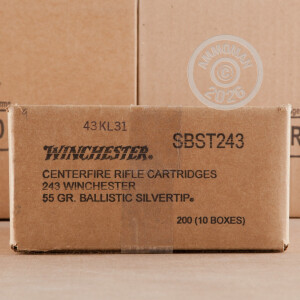 Photo detailing the 243 WIN WINCHESTER BALLISTIC SILVERTIP 55 GRAIN POLYMER TIP (20 ROUNDS) for sale at AmmoMan.com.