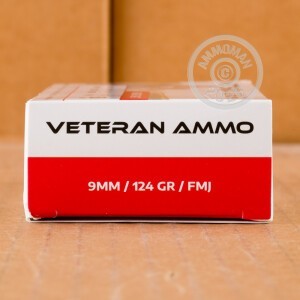 A photo of a box of Veteran Ammo ammo in 9mm Luger.