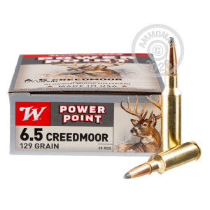 A photograph of 200 rounds of 129 grain 6.5MM CREEDMOOR ammo with a Power-Point (PP) bullet for sale.
