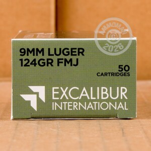 An image of 9mm Luger ammo made by Excalibur Army at AmmoMan.com.