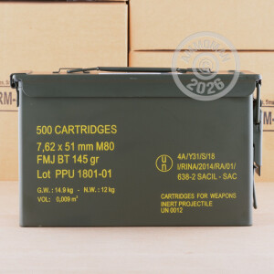 A photograph detailing the 308 / 7.62x51 ammo with FMJ-BT bullets made by Prvi Partizan.