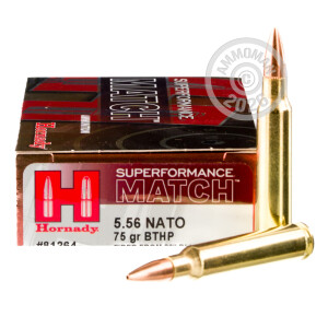 Image of 5.56x45mm ammo by Hornady that's ideal for hunting varmint sized game, precision shooting, training at the range.