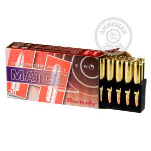 Image of 5.56x45mm ammo by Hornady that's ideal for hunting varmint sized game, precision shooting, training at the range.