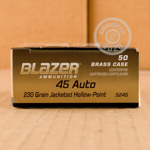 Image detailing the brass case and boxer primers on the Blazer Brass ammunition.