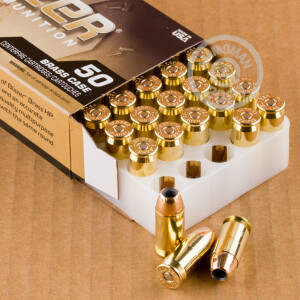 Image detailing the brass case and boxer primers on the Blazer Brass ammunition.