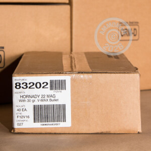 Photo detailing the 22 WMR HORNADY 30 GRAIN V-MAX POLYMER TIP (500 ROUNDS) for sale at AmmoMan.com.