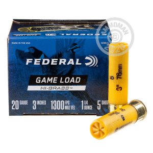 Photo detailing the 20 GAUGE FEDERAL GAME LOAD HI-BRASS 3" 1-1/4 OZ. #5 SHOT (25 ROUNDS) for sale at AmmoMan.com.