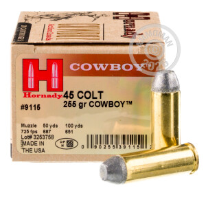 Photo detailing the 45 COLT HORNADY COWBOY 255 GRAIN LRN (20 ROUNDS) for sale at AmmoMan.com.