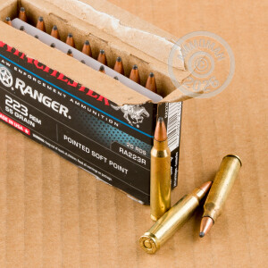 A photograph detailing the 223 Remington ammo with Pointed Soft-Point (PSP) bullets made by Winchester.