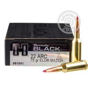 Photo detailing the 22 ARC HORNADY BLACK 75 GRAIN ELD MATCH (20 ROUNDS) for sale at AmmoMan.com.