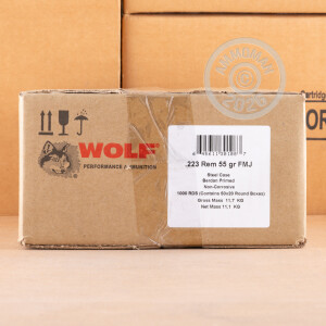 A photograph of 1000 rounds of 55 grain 223 Remington ammo with a FMJ bullet for sale.