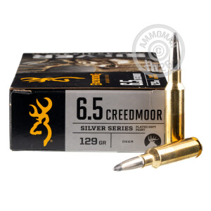 Image of 6.5MM CREEDMOOR ammo by Browning that's ideal for big game hunting, whitetail hunting.