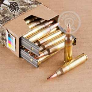 A photograph detailing the 5.56x45mm ammo with FMJ-BT bullets made by Federal.